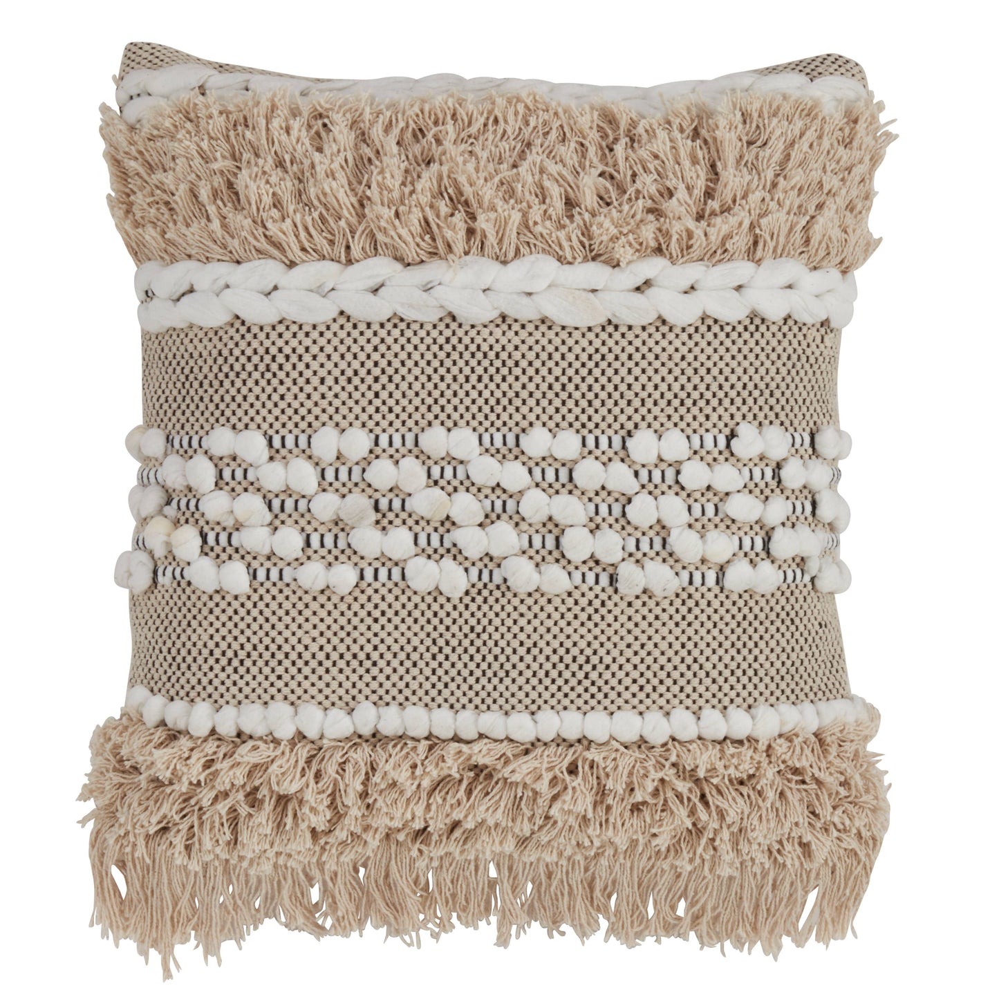Decorative pillow with beige and white patterns on a white background