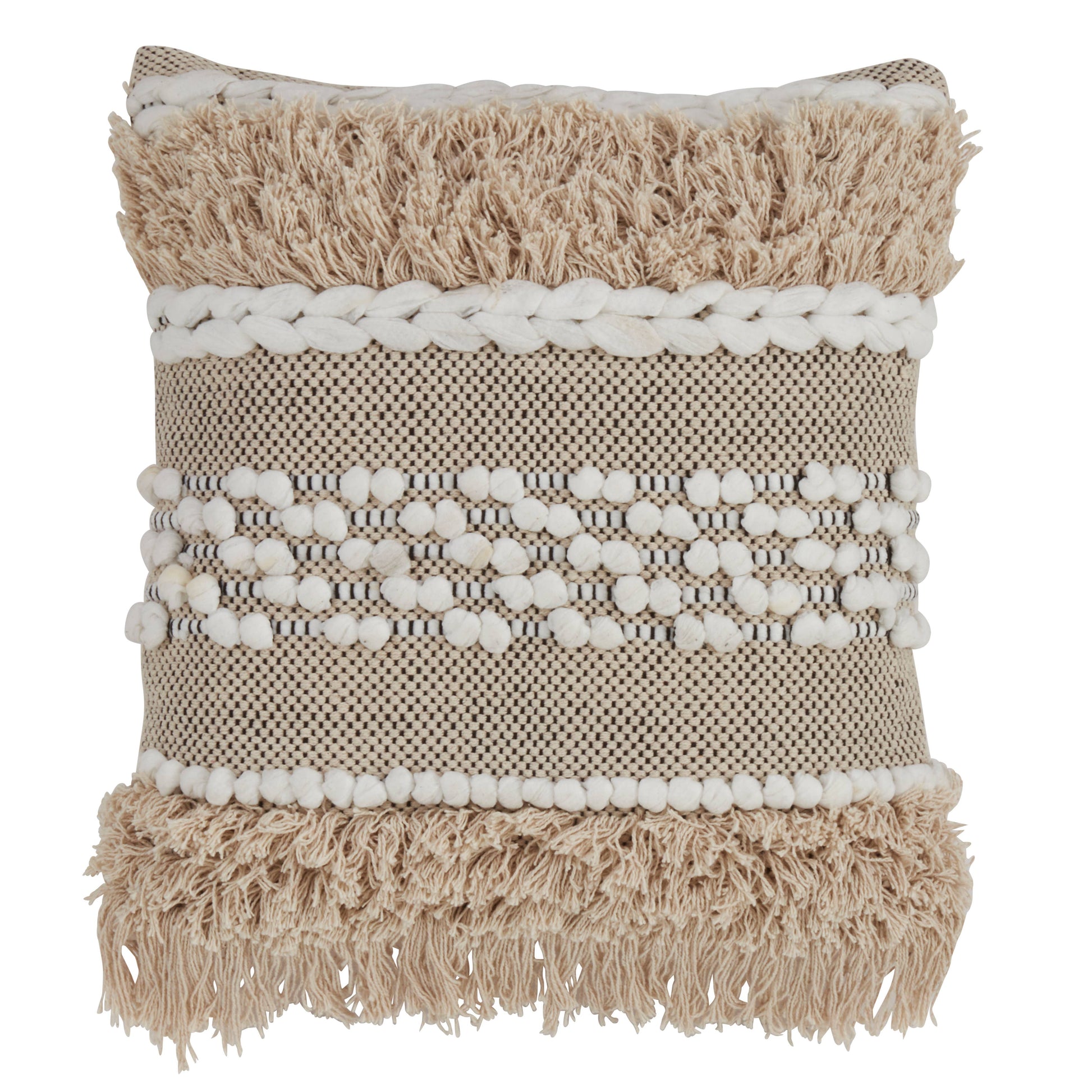 Decorative pillow with beige and white patterns on a white background