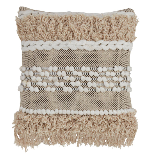 Decorative pillow with beige and white patterns on a white background