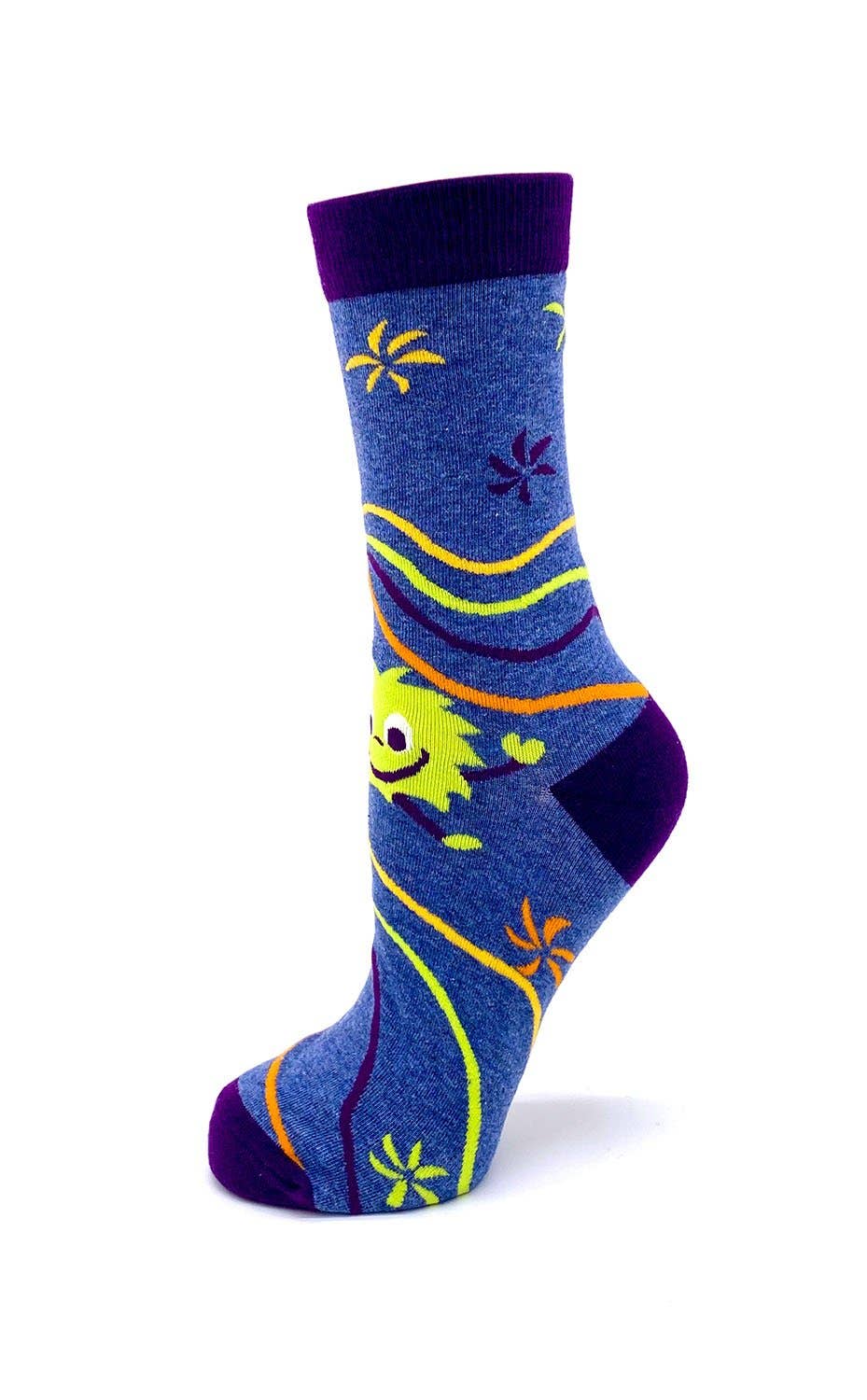 Colorful sock with cartoon character design on a white background