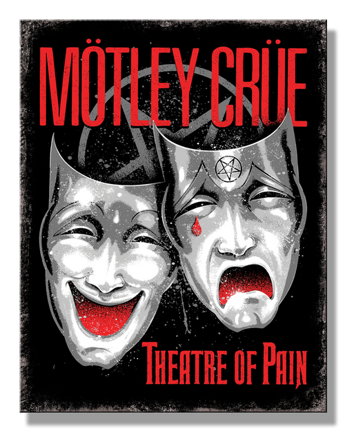 Album cover for 'Theatre of Pain' by Mötley Crüe with two masks and red text on a black background.