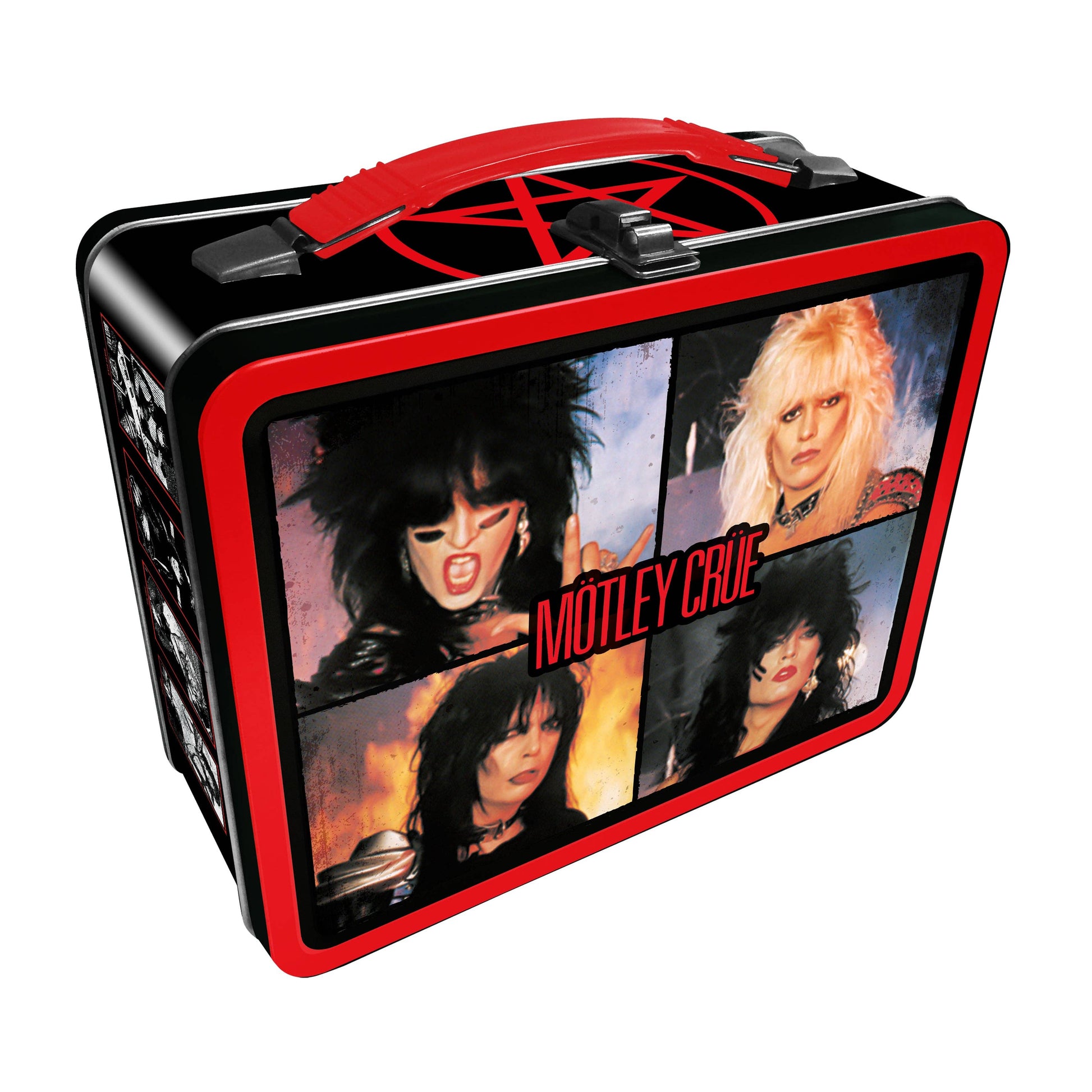 Metal lunch box with Mötley Crüe images and branding on a white background