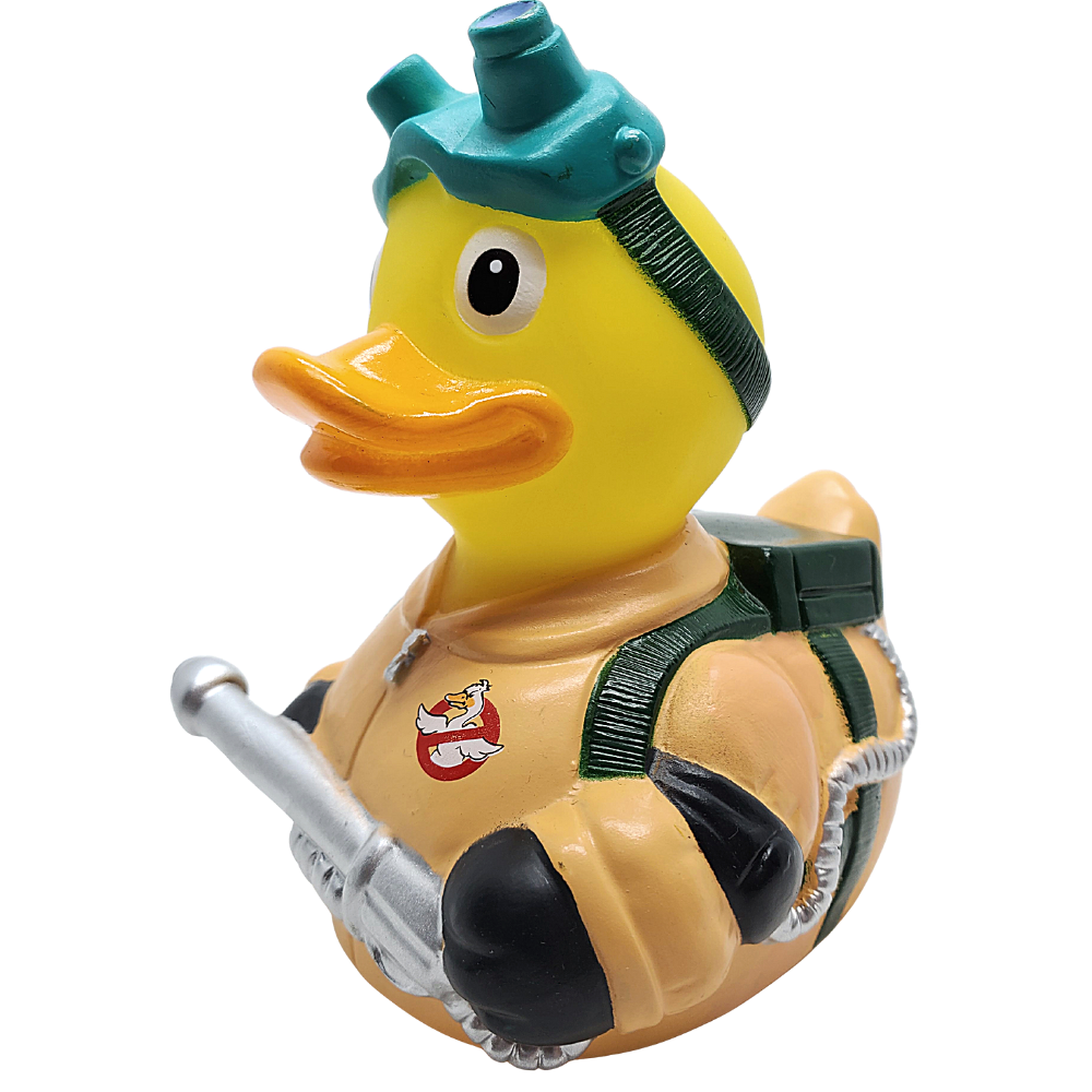 Yellow rubber duck dressed as a space explorer with a helmet, spacesuit, and weapon on a white background
