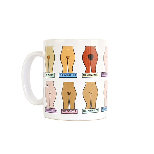 Mug with illustrations of different body parts and text on a white background