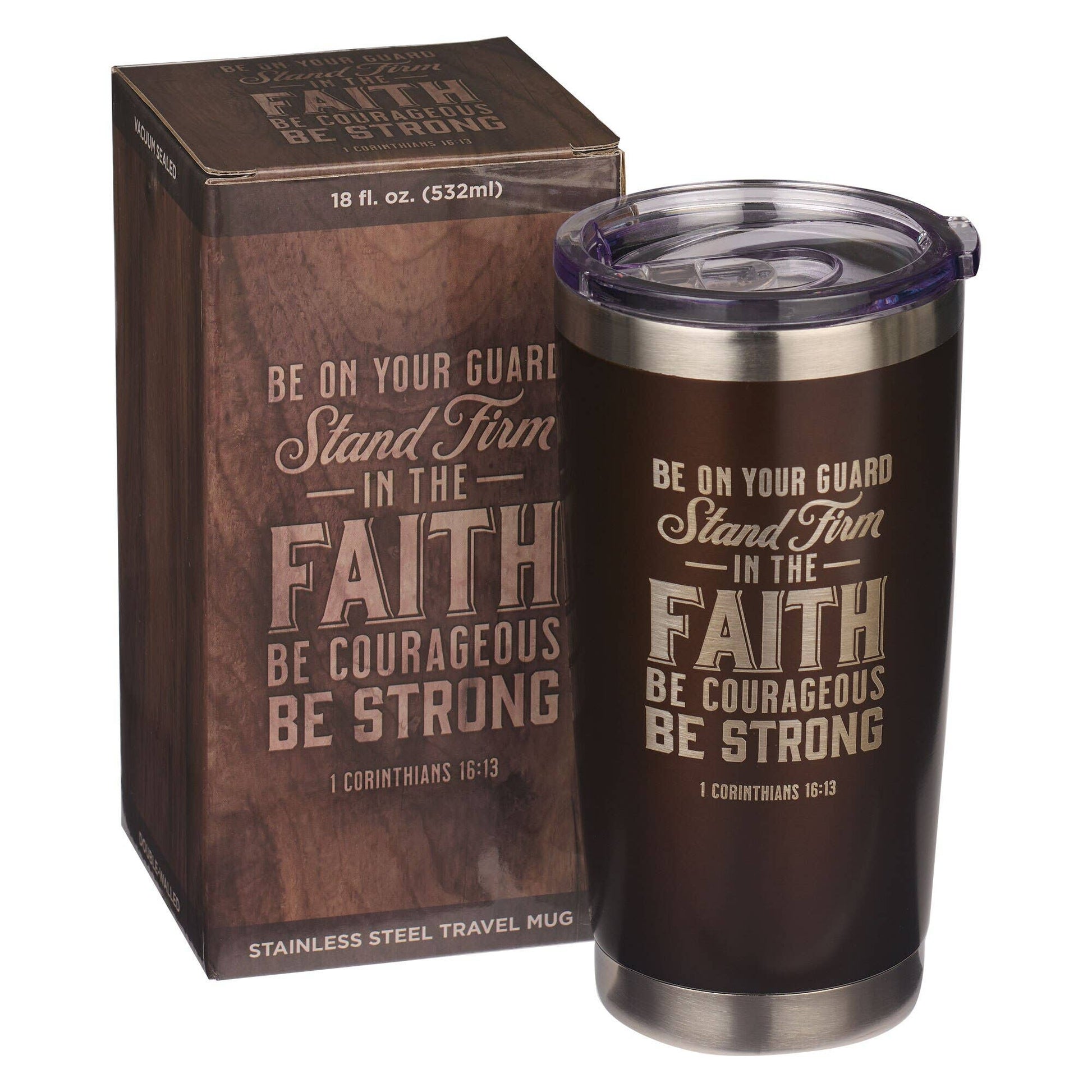 Stainless steel travel mug with motivational quote and matching packaging on a white background