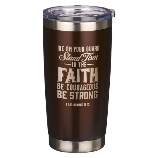 Brown insulated tumbler with motivational quote on a white background