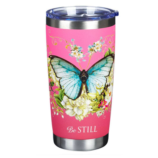 Pink tumbler with butterfly design and 'Be Still' text on a white background