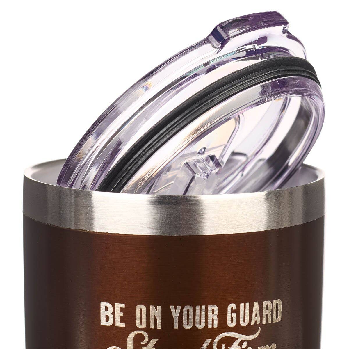 Brown insulated tumbler with clear lid and text 'Be on your guard', on a white background