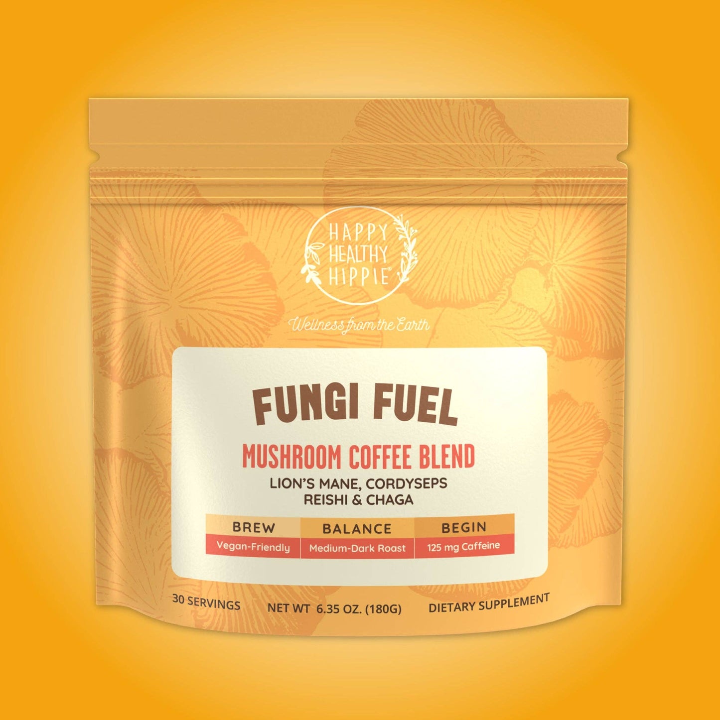 Package of Fungi Fuel Mushroom Coffee Blend on a gradient orange background