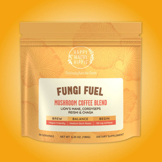 Package of Fungi Fuel Mushroom Coffee Blend on a gradient orange background