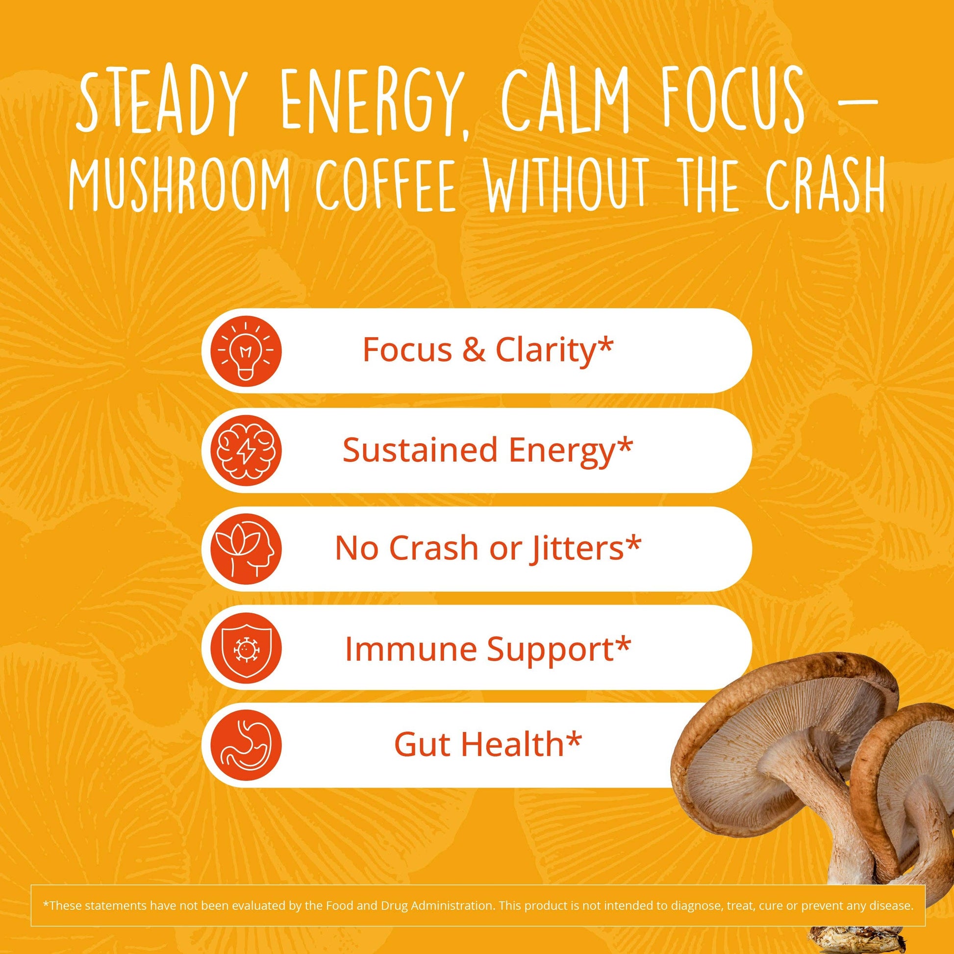 Promotional graphic for mushroom coffee with health benefits on an orange background