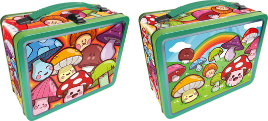 Two colorful lunch boxes with mushroom design on a green background