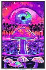 Blacklight poster with mushrooms and a glowing eye in a psychedelic setting