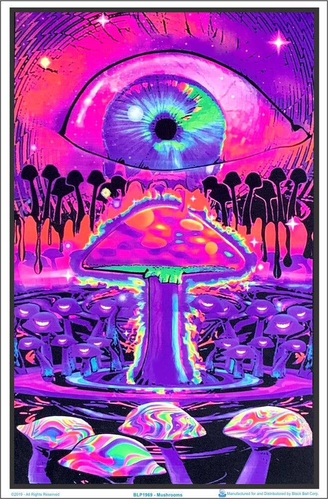 Colorful psychedelic design with mushrooms and an eye in the center.