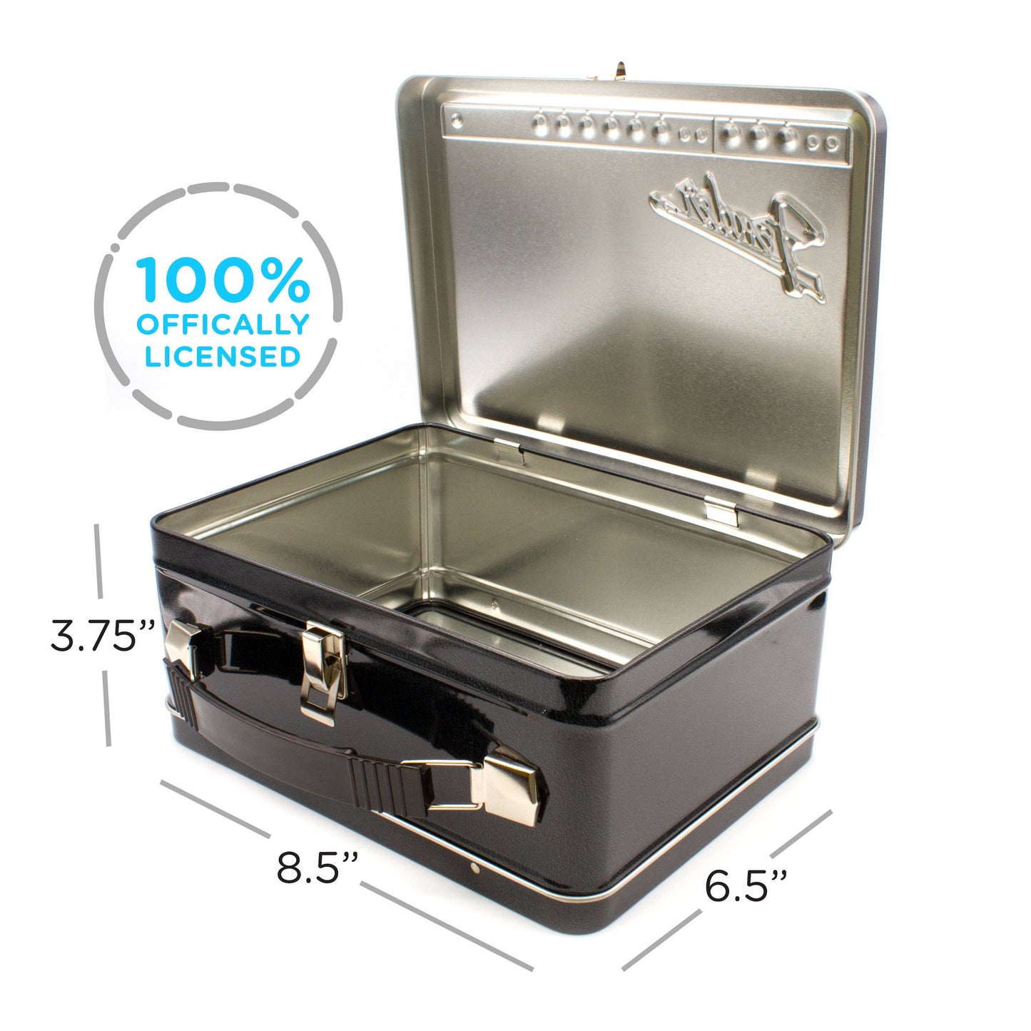 Metallic briefcase with dimensions and '100% Officially Licensed' badge on a white background