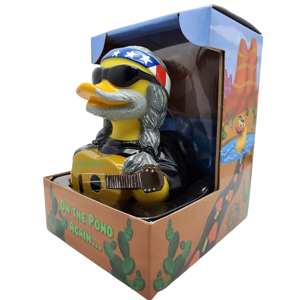 Duck figurine with sunglasses and guitar in packaging