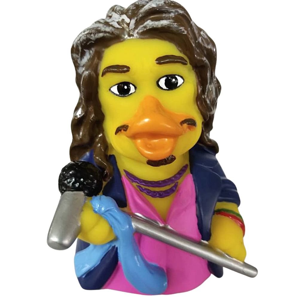 Sculpted rubber duck with a microphone and colorful outfit on a white background