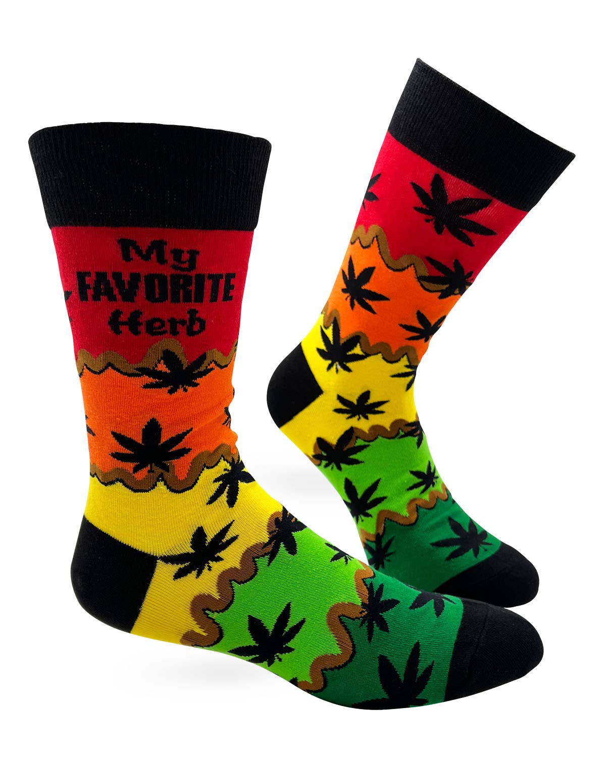 Colorful socks with marijuana leaf patterns and text on a white background