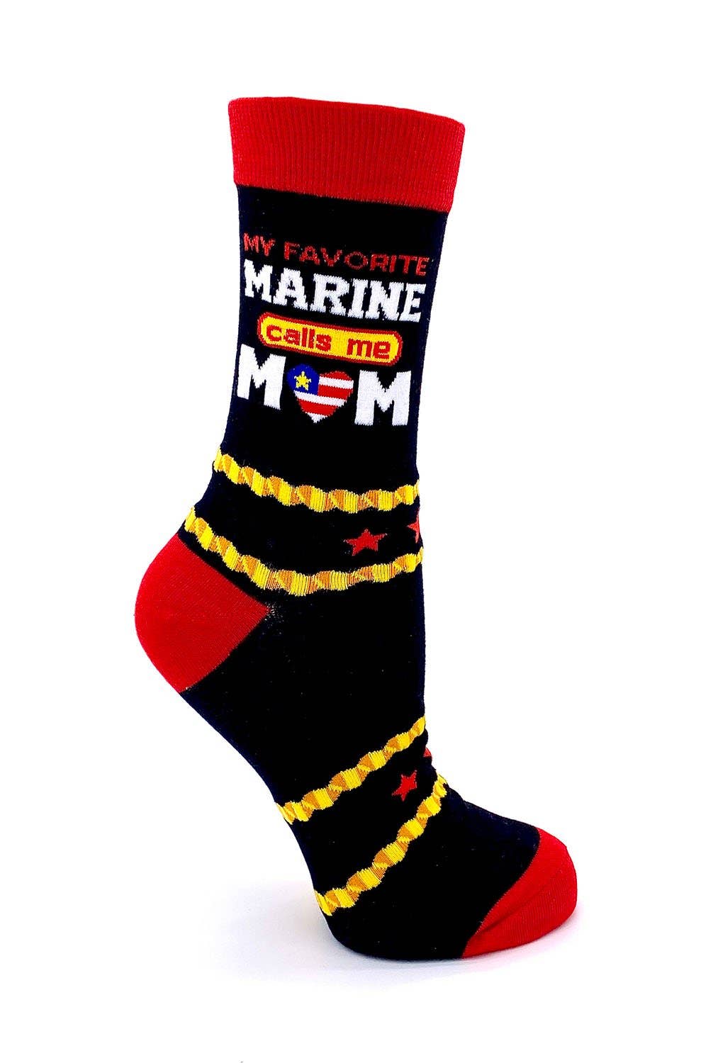 Sock with text 'My Favorite Marine calls me Mom' on a white background