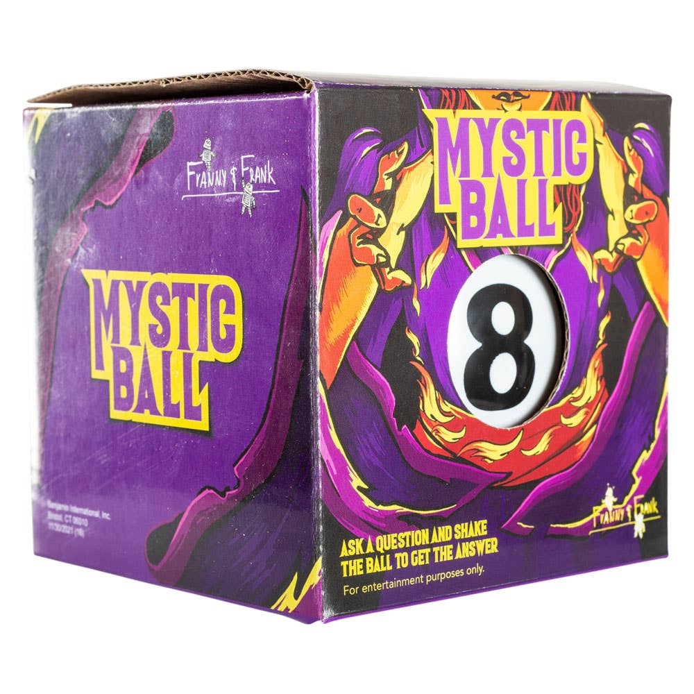 Box of a mystical ball toy with purple and yellow design