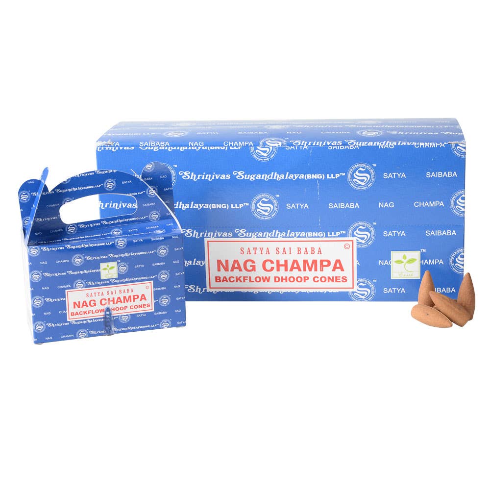 Two boxes of Satya Nag Champa backflow doop cones on a white background