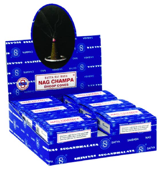 Multiple boxes of Satya Nag Champa Dhoop Cones on a white background