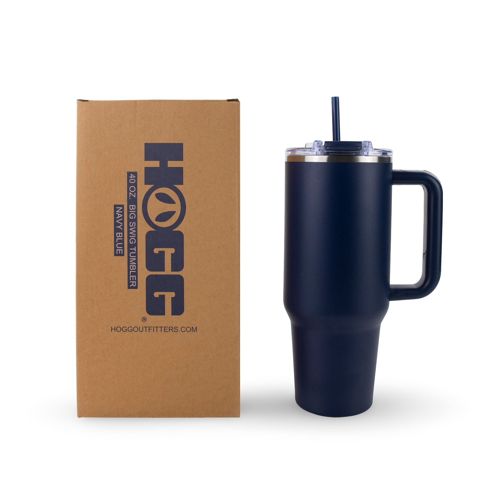 Navy blue mug with handle and straw next to a brown box with 'HOGG' branding on a white background.