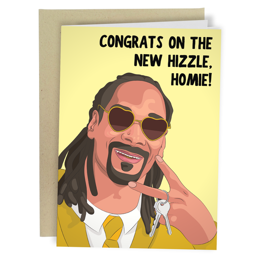 Greeting card with a cartoon character wearing sunglasses and keys, with text 'Congrats on the new hizzle, homie!' on a yellow background.