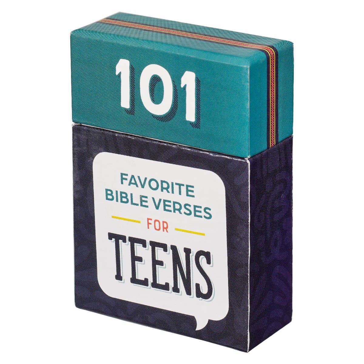 Card deck titled '101 Favorite Bible Verses for Teens' with teal and black design.