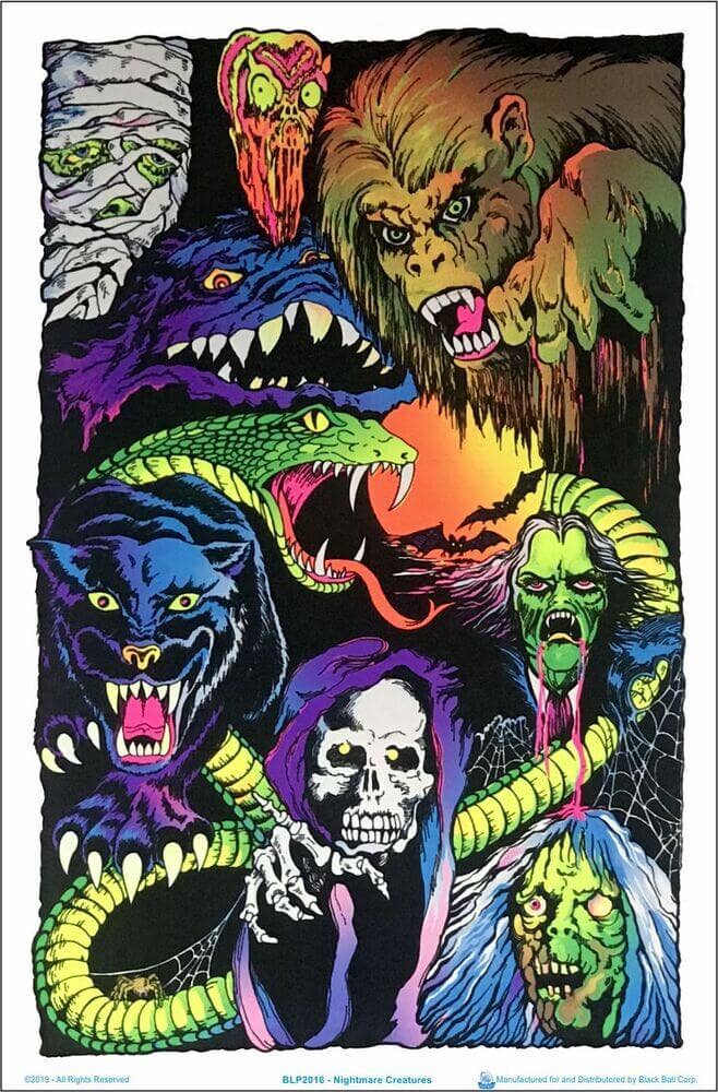 Colorful illustration of various monsters on a black background