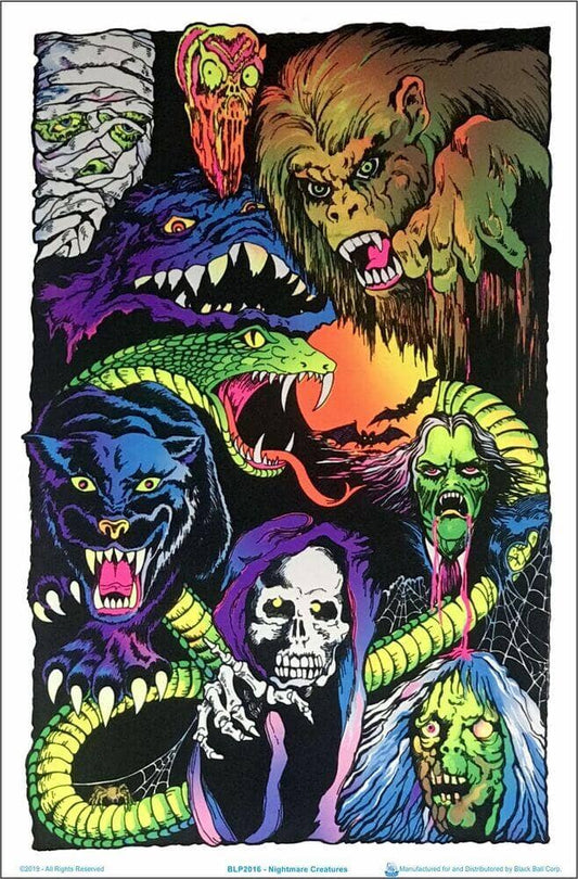 Colorful illustration of various monsters on a black background