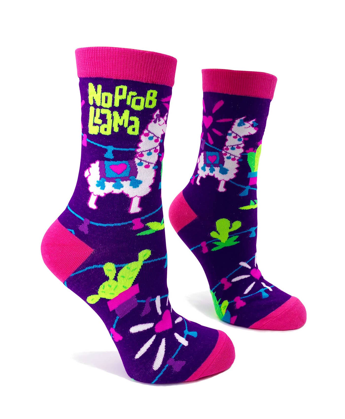 Colorful socks with llama design and 'No Prob Llama' text on colorful socks and a white background