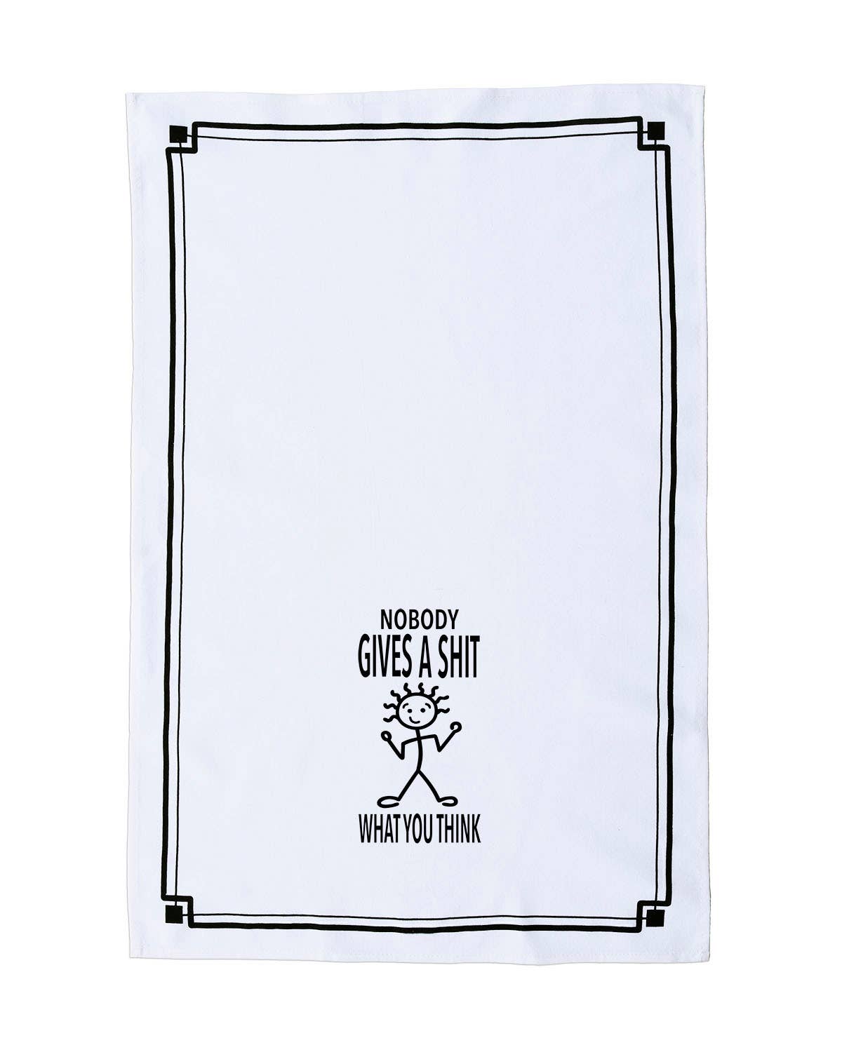 White towel with black text and stick figure design on a white background