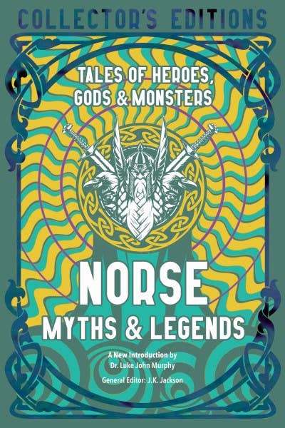 Book cover of 'Norse Myths & Legends' with decorative design and text.