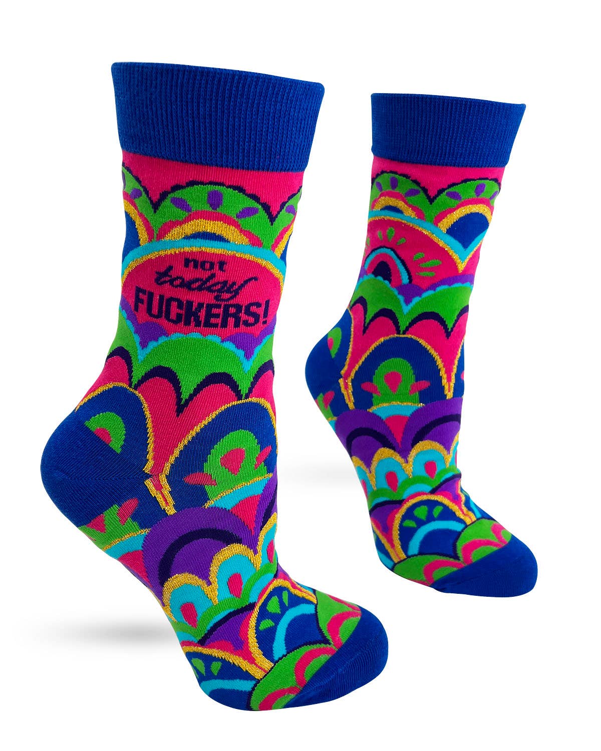 Colorful socks with a pattern and text on a white background