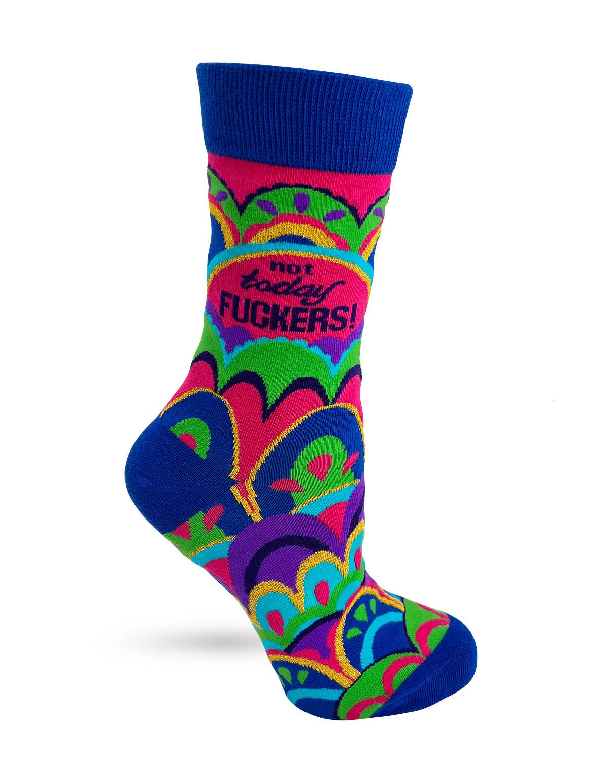 Colorful sock with text on a white background