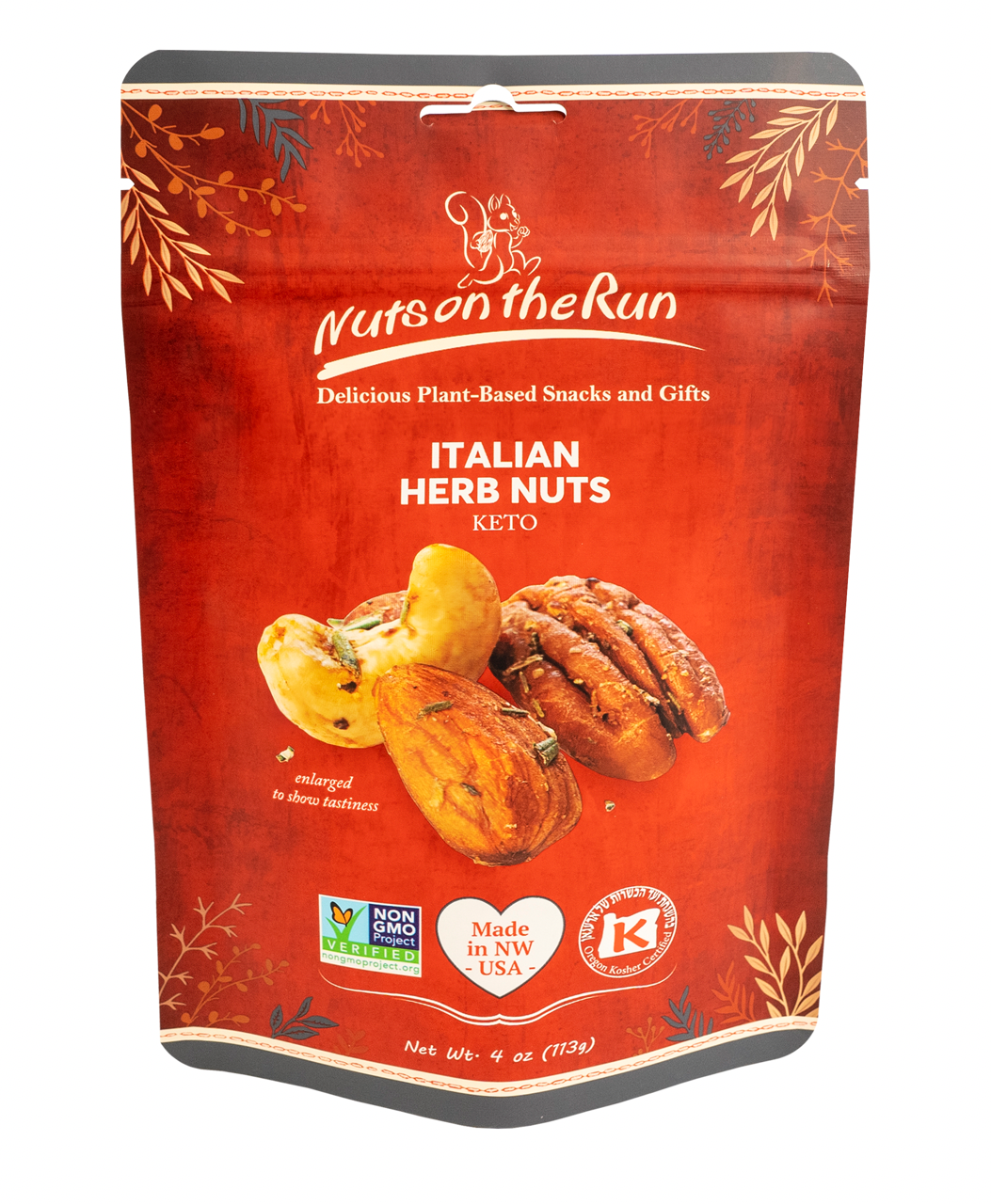 Packaging of Italian Herb Nuts by Nuts on the Run with red background and brand logo.