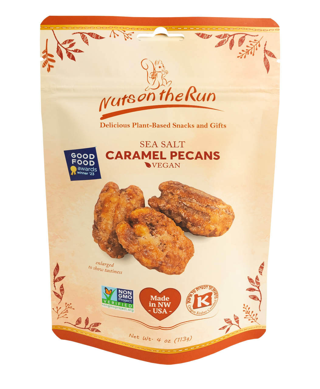 Packaging of Nuts on the Run Sea Salt Caramel Pecans with branding and certification logos.