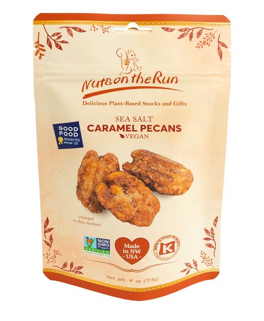 Packaging of Nuts on the Run Sea Salt Caramel Pecans with branding and certification logos.