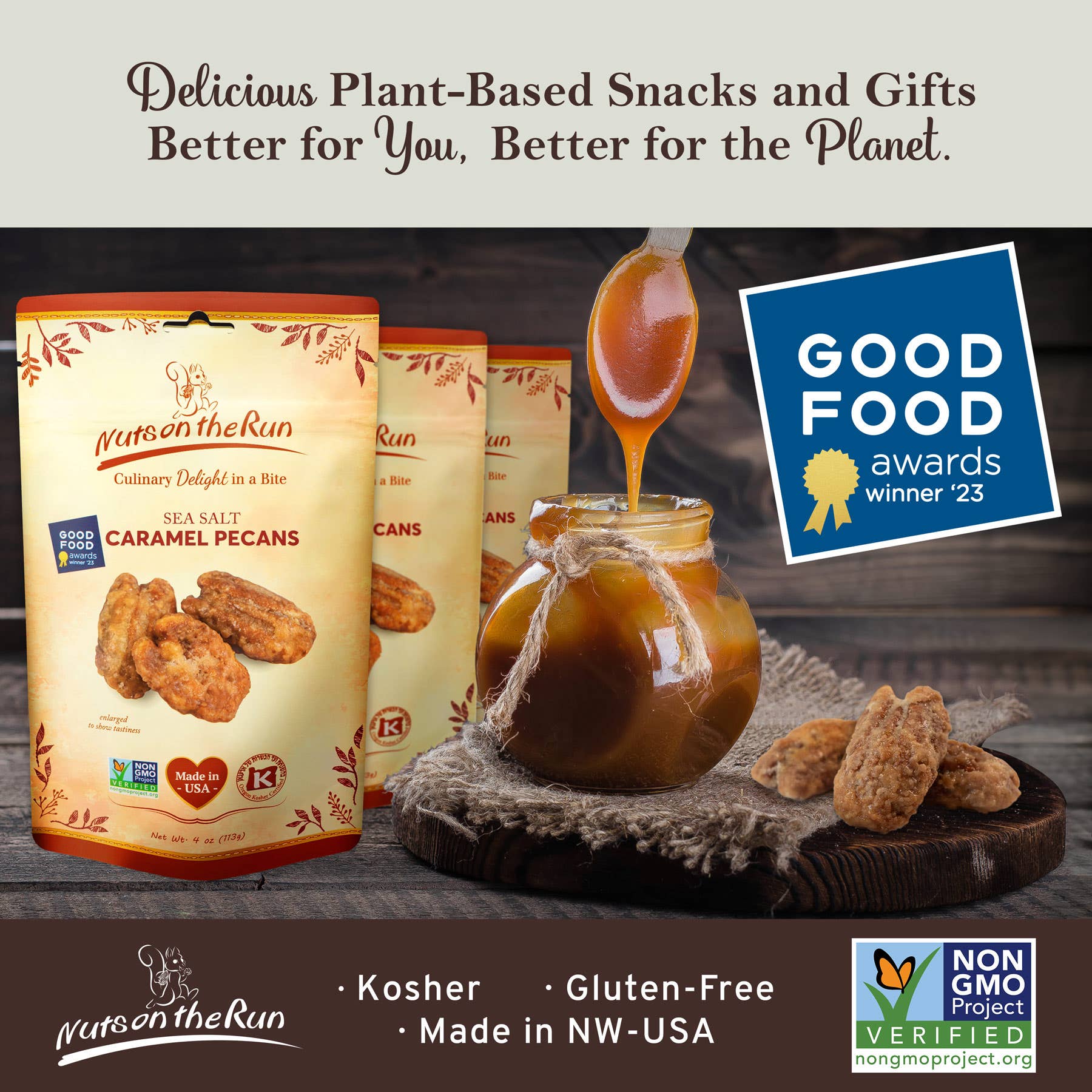 Nutsen the Run snacks with a jar of caramel and a Good Food Awards logo on a wooden surface.