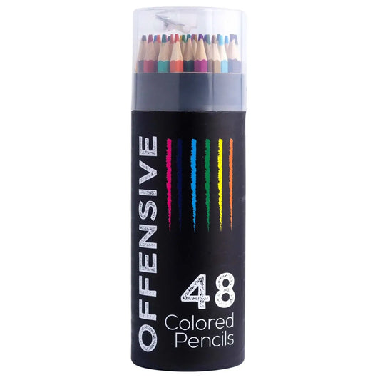 Pack of 48 colored pencils with a black cylindrical container on a white background