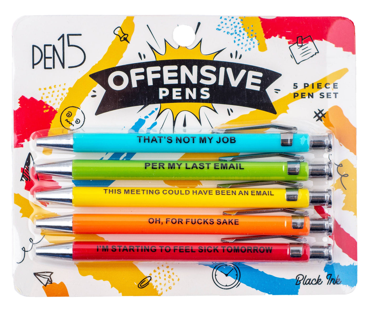 Packaged set of offensive pens with colorful packaging