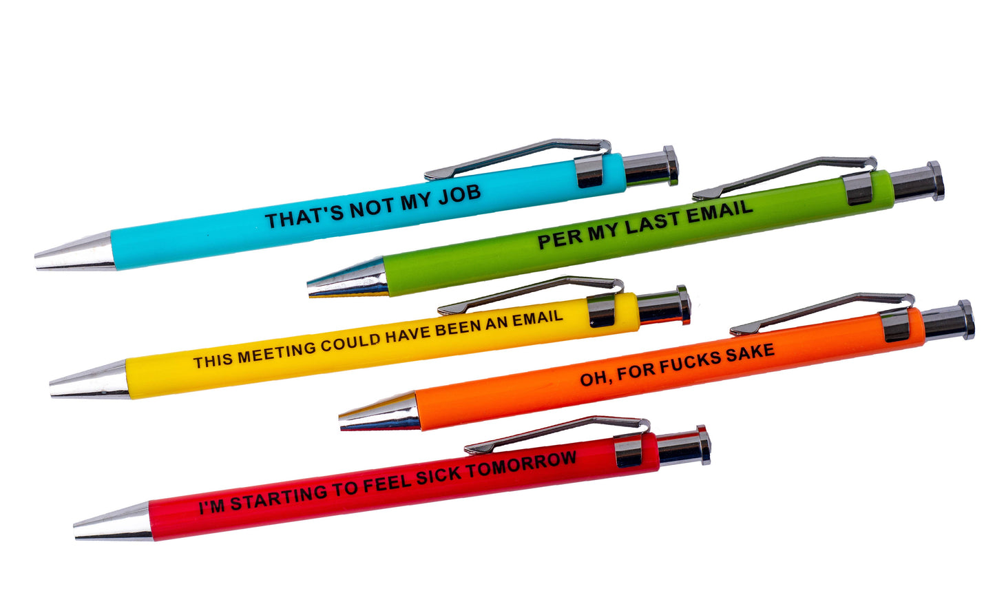 Four pens with humorous text on a white background