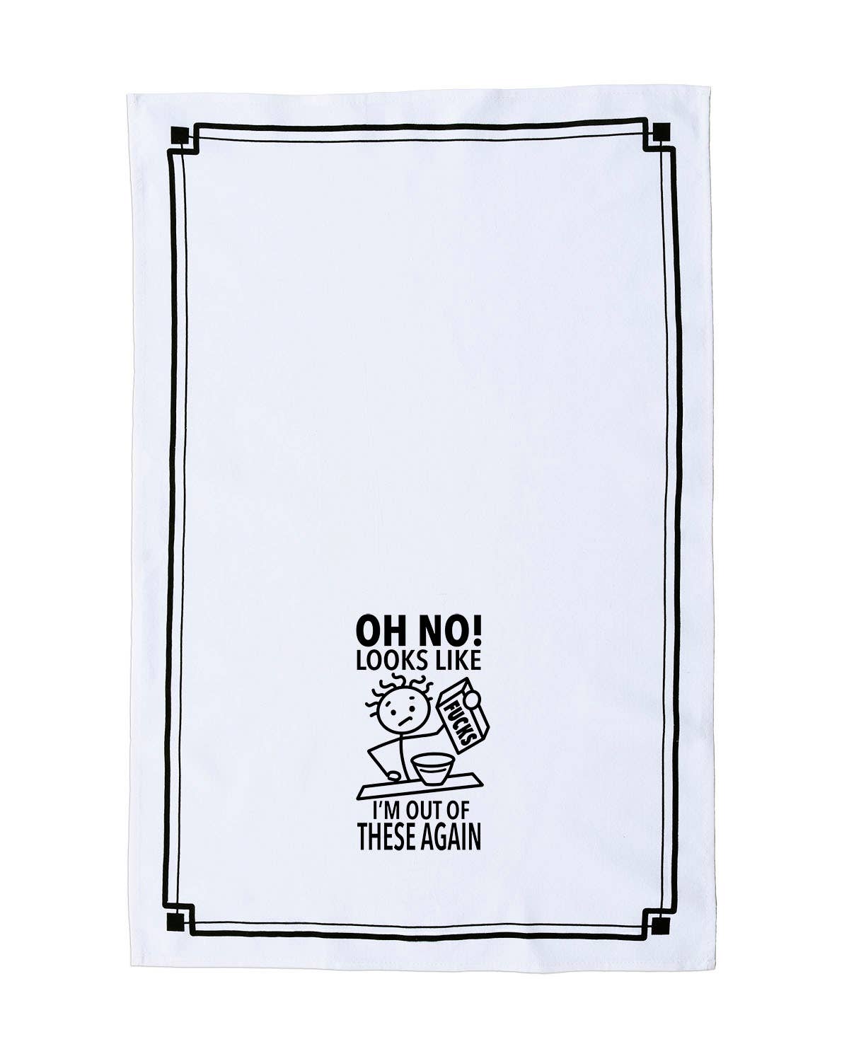White towel with black text and graphic design on a white background