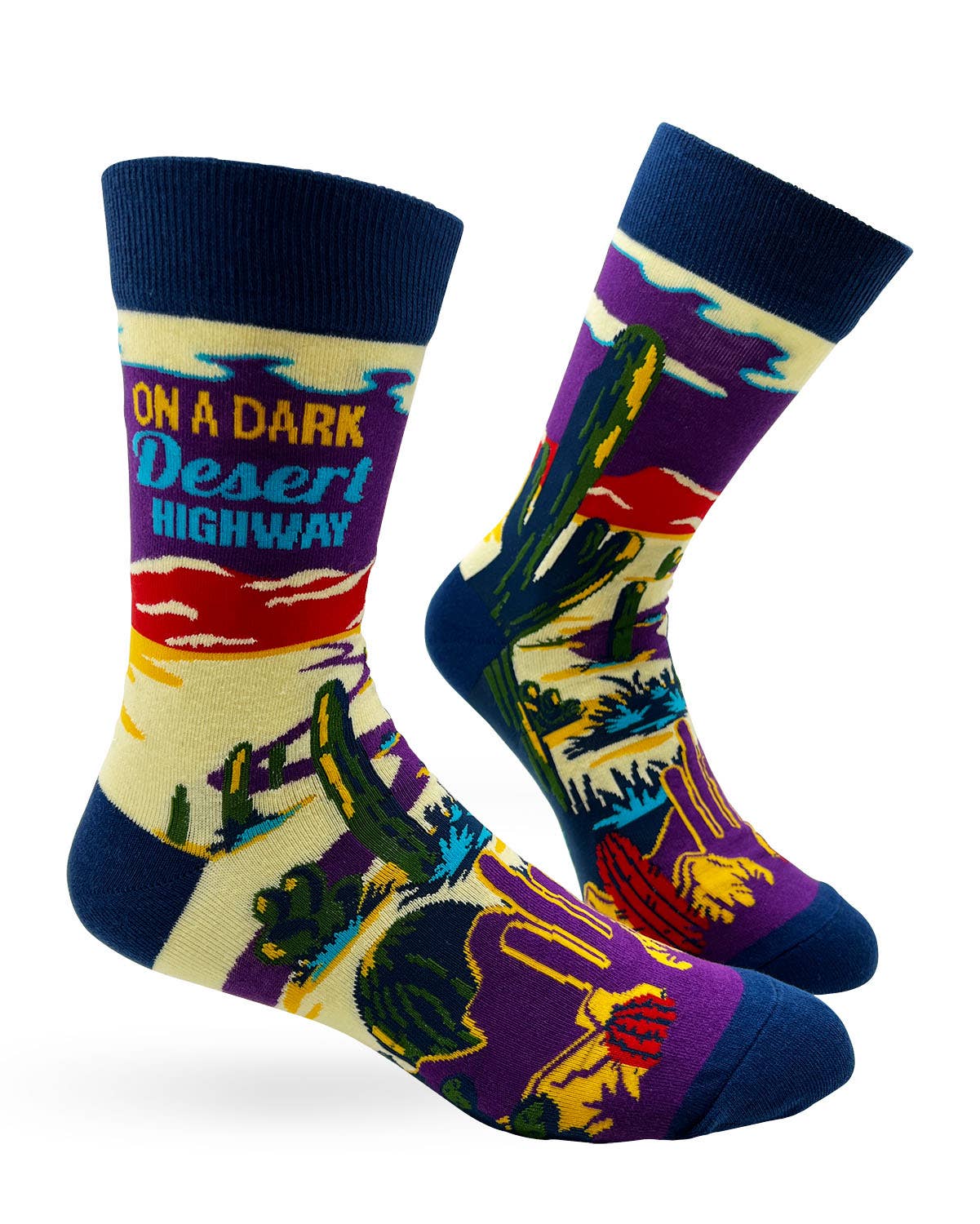 Colorful socks with desert-themed design and text on a white background