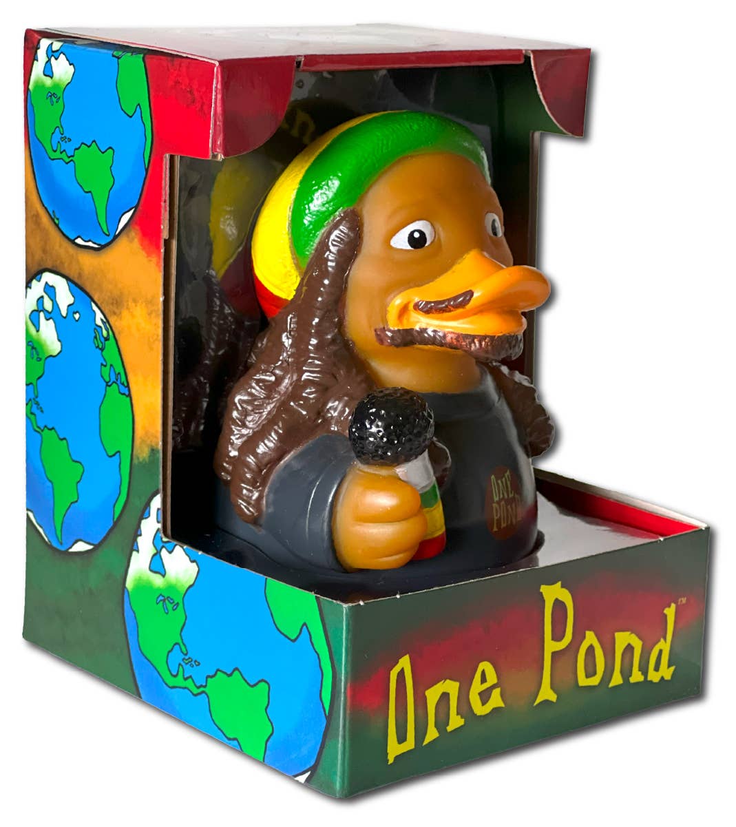 Duck figurine with reggae hat and microphone in a colorful box labeled 'One Pond'.