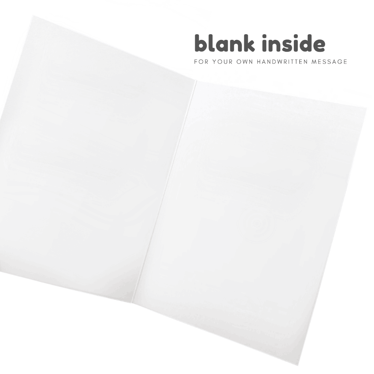 Blank white card with text 'blank inside for your own handwritten message' on a white background