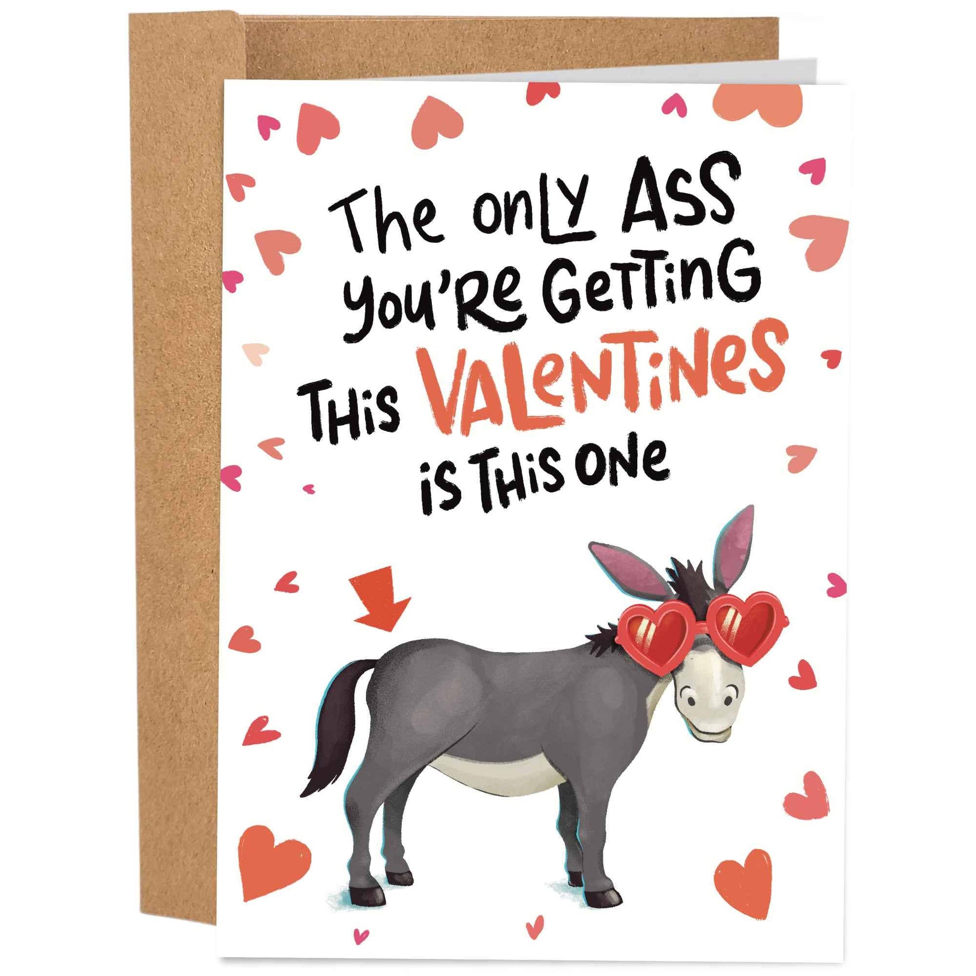 Valentine's Day card with a donkey wearing heart-shaped glasses and text on a white background.