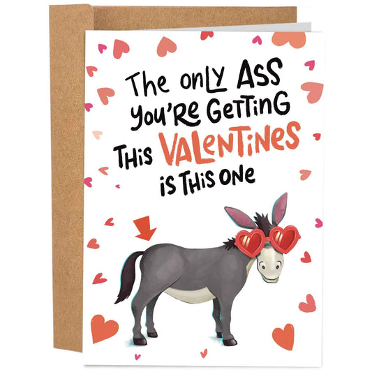 Valentine's Day card with a donkey wearing heart-shaped glasses and text on a white background.