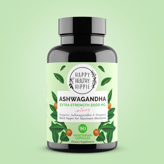 Bottle of Ashwagandha supplement with a green background